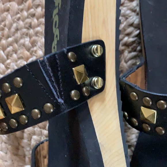 Black leather & wood Flogg double band clog slides with gold studding size 9 - Picture 4 of 5